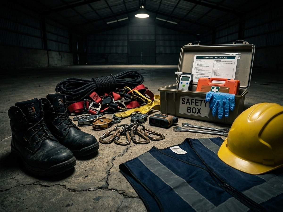 Osobisty zestaw BHP: buty S3, uprząż, karabinki, kask, safety box